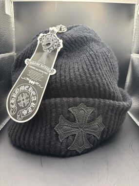 Chrome Hearts Black Ribbed Beanie with Leather Cross Patch